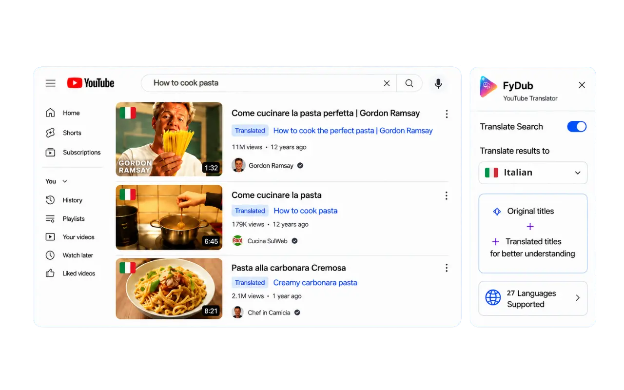 FyDub multilingual YouTube search